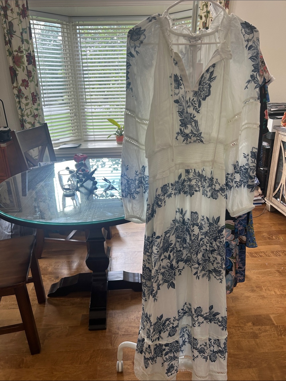 Chico's White Maxi Dress with Blue Floral Embroidery